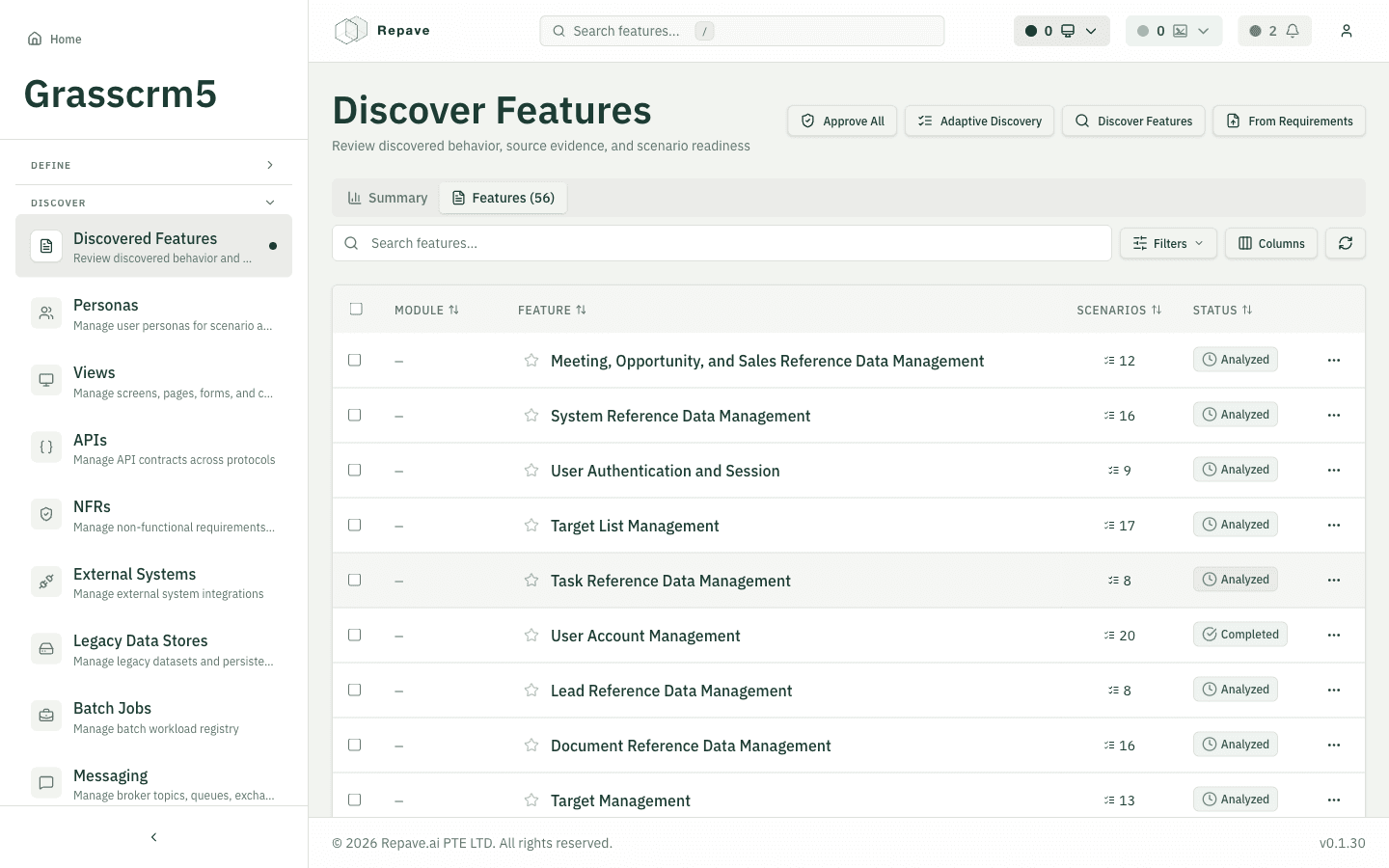 Every feature, discovered and reviewable
